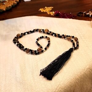 Jet and smokey Bead tassel necklace.